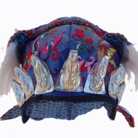 727 Lively Blue Silk Satin Miao Minority Hat with Embroidered Menagerie