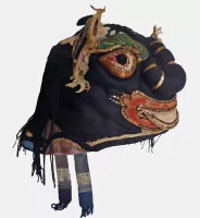 730 Big-Nosed Black Silk Chinese Lion Hat with Peonies