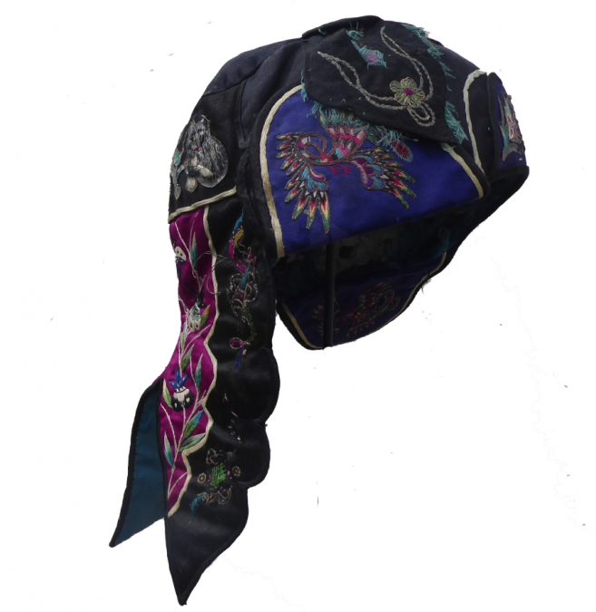 194 Antique Black Silk Embroidered Phoenix Chinese Hat