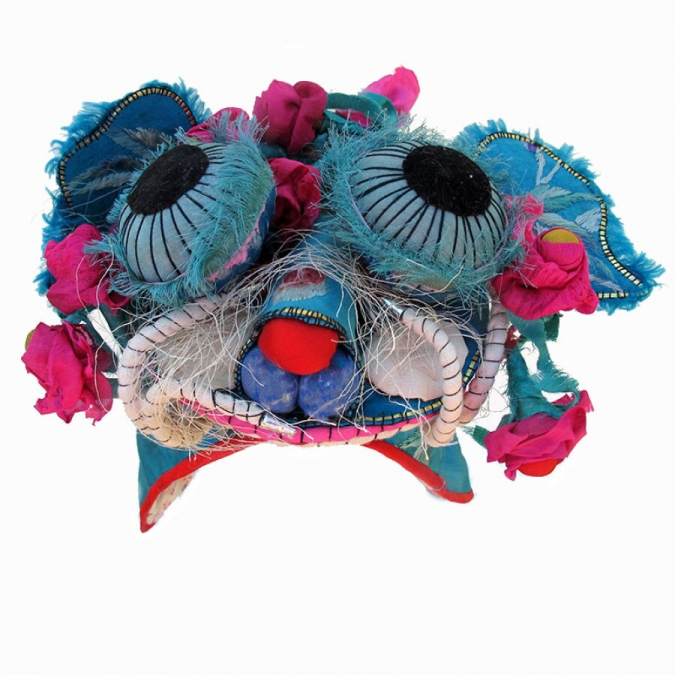 562 Lively Blue Silk Dragon with Flowers Han Chinese Hat
