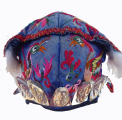 727 Lively Blue Silk Satin Miao Minority Hat with Embroidered Menagerie